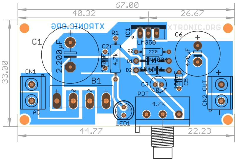 Printed Circuit Board Pcb, Component View For Mounting The Power Supply With Ci Lm350