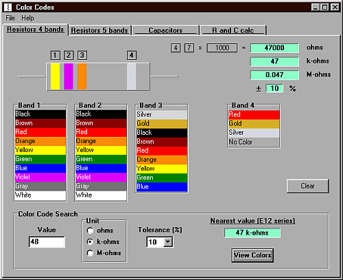 Download colcod software displays the color coding on resistors with 4 or 5 color bands