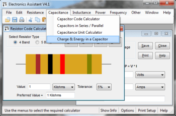 Electronics Assistant is a Windows program that performs electronics-related calculations. It includes a resistor colour code calculator, resistance, capacitance and power calculations and more