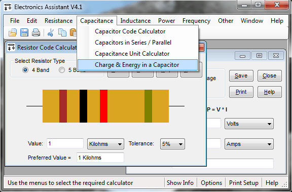 Electronics Assistant Is A Windows Program That Performs Electronics-Related Calculations. It Includes A Resistor Colour Code Calculator, Resistance, Capacitance And Power Calculations And More