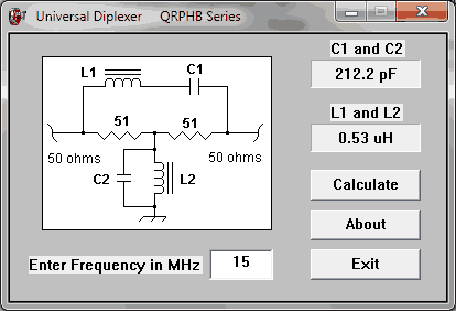 Universal Diplexer calculates the inductance and capacitance values for a Bridge-Tee diplexer based upon a chosen superhet receiver intermediate frequency