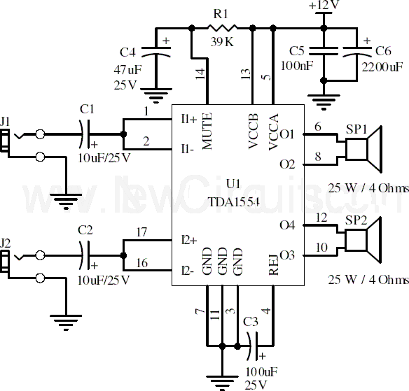 Here Is The 22 Watt Stereo Audio Power Amplifier Circuit Diagram Based On Tda1554 And Integrated Circuit From Nxp Semiconductors (Formerly Philips Semiconductors). It Is Very Simple And Useful Circuit For Amplify The Stereo Signals .The Circuit Dissipates Roughly 28 Watts Of Heat, So A Good Heatsink Is Necessary. The Chip Should Run Cool Enough To Touch With The Proper Heatsink Installed .The Circuit Operates At 12 Volts At About 5 Amps At Full Volume. Lower Volumes Use Less Current, And Therefore Produce Less Heat. R1 Is Also A 5% Resistor.