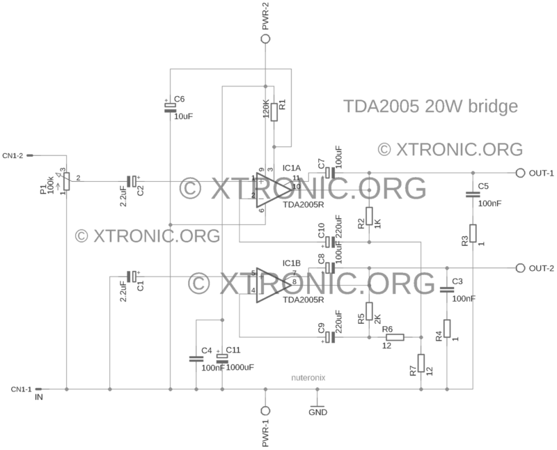 Tda2005 Esquema Ponte Tda2005 Amplifier, Amplifier Tda, Audio, Circuits, Power Amplifier, Tda Tda2005 Amplifier Circuit Diagram 20W Bridge