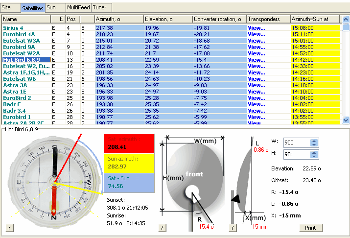 Download sathunter software for Calculate angles of satellite dishes.