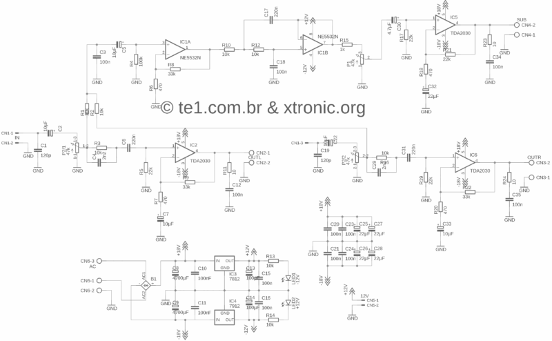 Circuit Power Audio Amplifier With Tda2030 2.1 Chanell - 3 X 18 Watts - Subwoofer - Complete With Pcb Suggestion And Power Supply