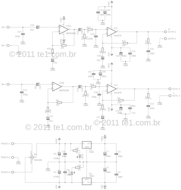 Schematic Diagram Of A Stereo Amplifier Using Integrated Circuit Lm1875 - Click To Enlarge