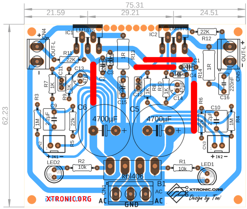 Suggested Printed Circuit Board Pcb Component View Lm1875 Amplifier Circuit Stereo 2X 30W