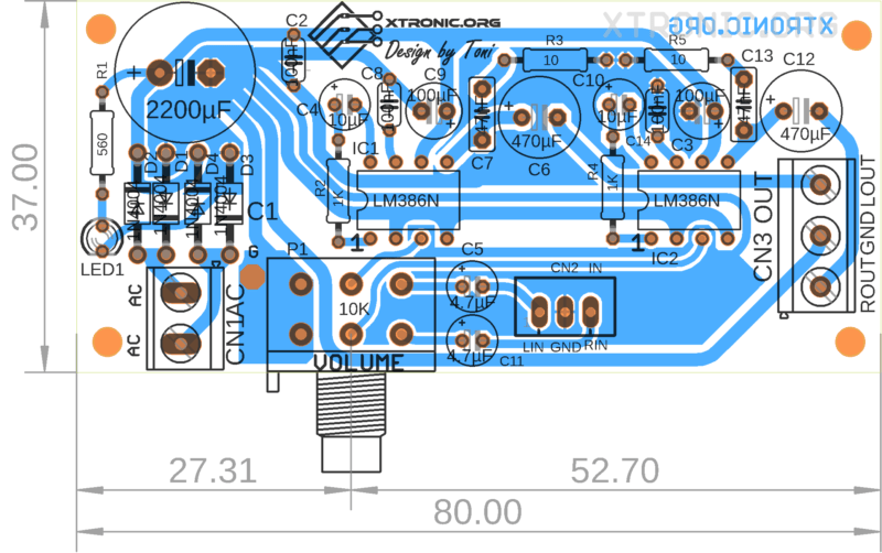 Printed Circuit Board Pcb Component View, For Mounting The Lm386N Audio Amplifier Stereo Circuit Diagram