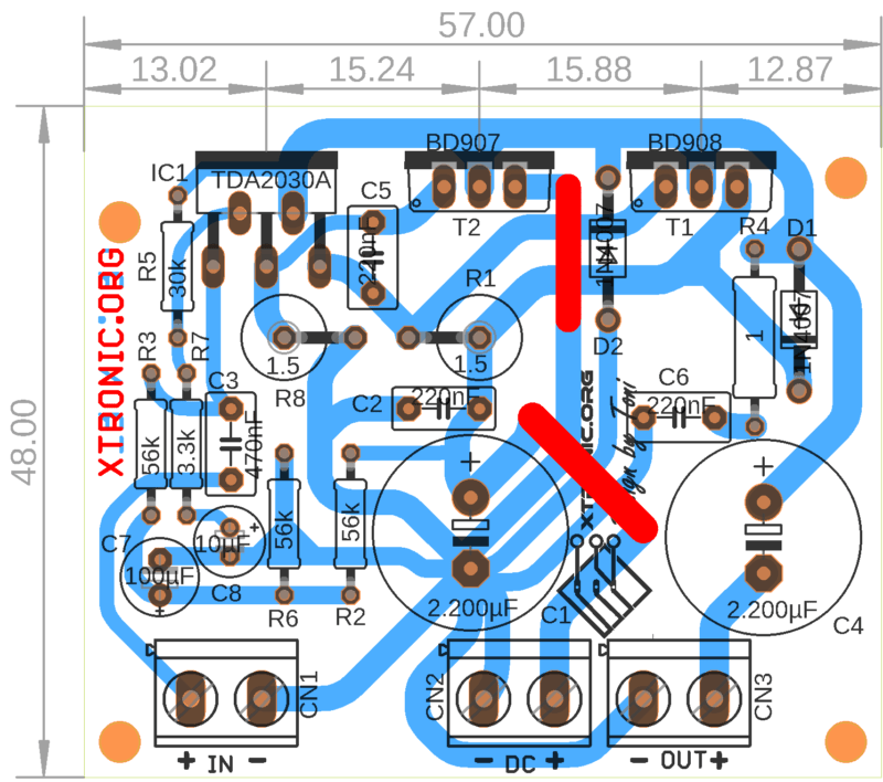 Tda2030 + Transistors Bd908/Bd907 – 18W Amplifier Pcb Layout