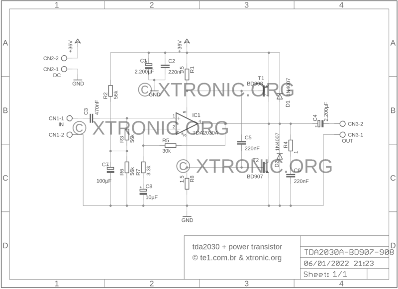 Tda2030 + Transistors Bd908/Bd907 – 18W Amplifier Schematic