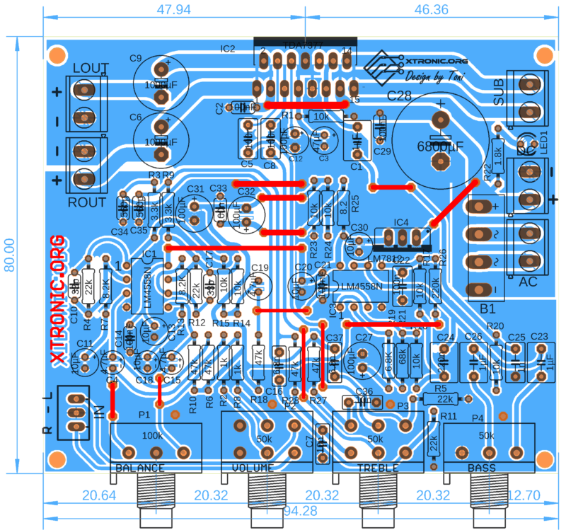 Pcb Component View Tda7377 2.1 Amplifier Circuit Diagram With Pcb Stereo 2.1 + Bass Channel