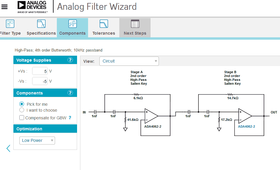 Analog Filter Wizard Design Tool low-pass, high-pass, or band-pass filters