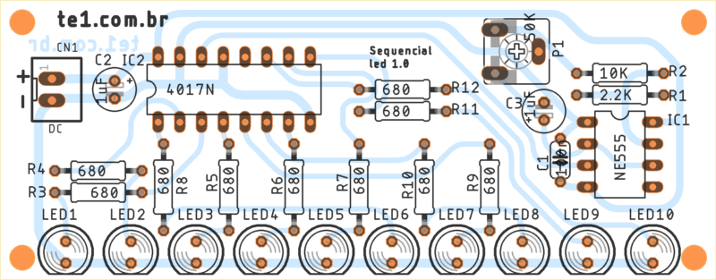 Sequential Led Flasher Using Ic 4017 And 555 Pcb Component View