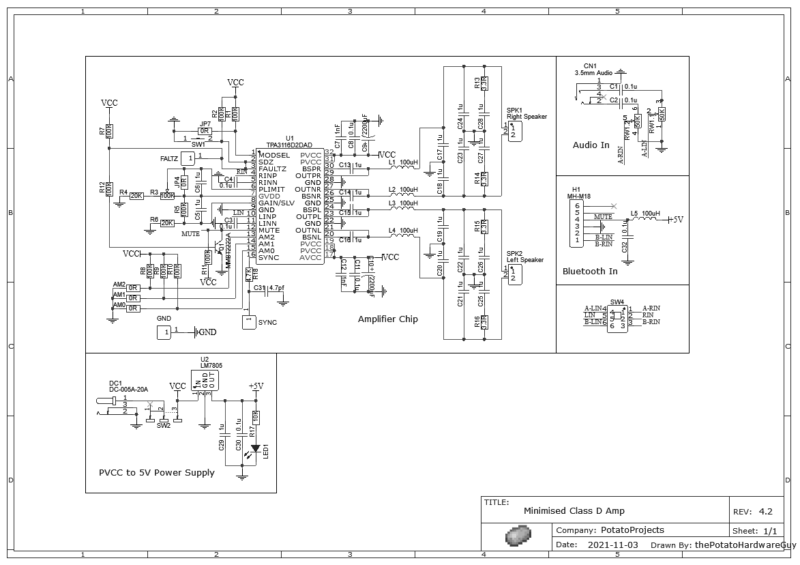 Schematic Tpa3116 + Mh-M18 Class D Audio Amplifier With Bluetooth