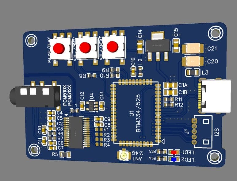 Bluetooth Music Receiver Btm334 Qcc3034 Pcm5121 Pcb 3D Btm334 Module Bluetooth Music Receiver Btm334 (Qcc3034) + Pcm5121 5 Amplifier, Audio, Audio Module, Bluetooth, Circuits, Digital Audio, I2S, Module, Pre-Amplifier, Preamplifier Bluetooth Music Receiver Btm334 Qcc3034 Pcm5121 Pcb 3D