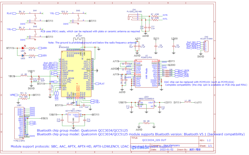 Schematic Bluetooth Music Receiver Btm334 Qcc3034 Pcm5121 Btm334 Module Bluetooth Music Receiver Btm334 (Qcc3034) + Pcm5121 2 Amplifier, Audio, Audio Module, Bluetooth, Circuits, Digital Audio, I2S, Module, Pre-Amplifier, Preamplifier Schematic Bluetooth Music Receiver Btm334 Qcc3034 Pcm5121