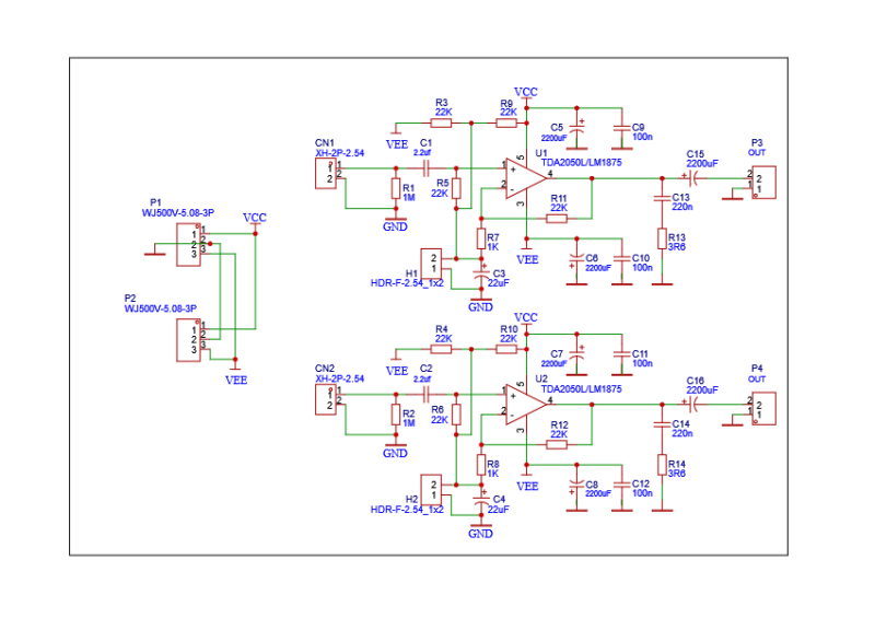 Schematic Tda2050 Or Lm1875 Stereo Power Amplifier