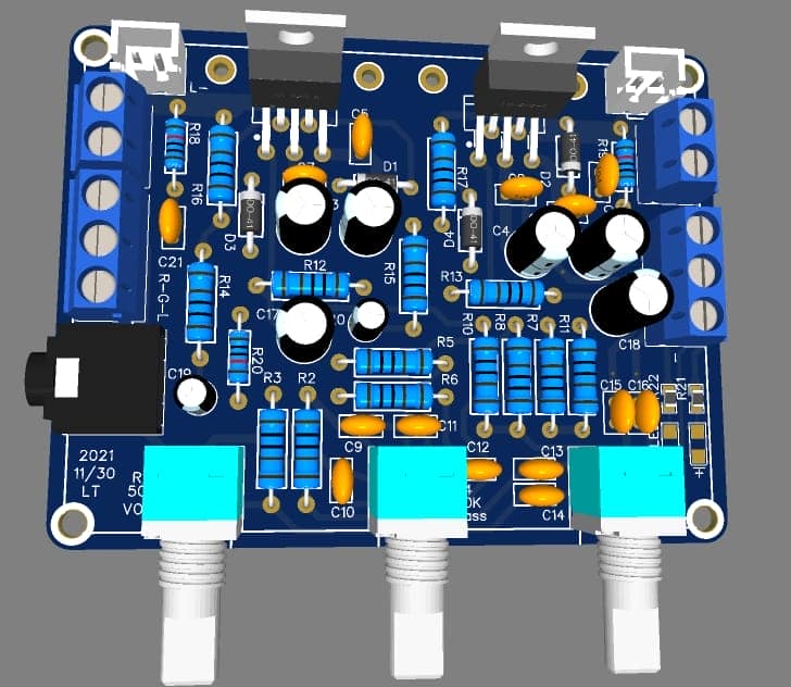 Stereo Amplifier Circuit With Tda2030 With Tone Controls Pcb 3D